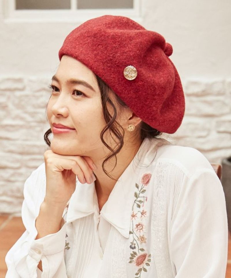 [Popular pre-order] Exquisite Czech glass button texture wool beret (4 colors) LJYP1301 - หมวก - ขนแกะ 