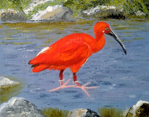 tanycollection Original oil painting Scarlet Ibis Red bird art 30x40 cm. Unframed