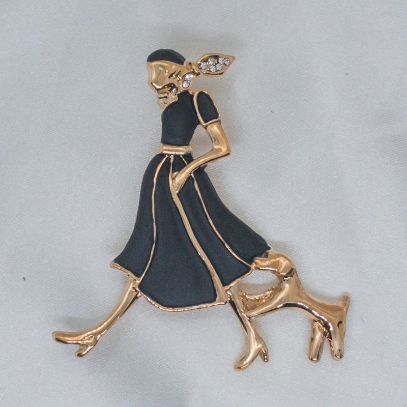 Lady and Puppy Black Lacquer Vintage Brooch - Brooches - Other Metals Black