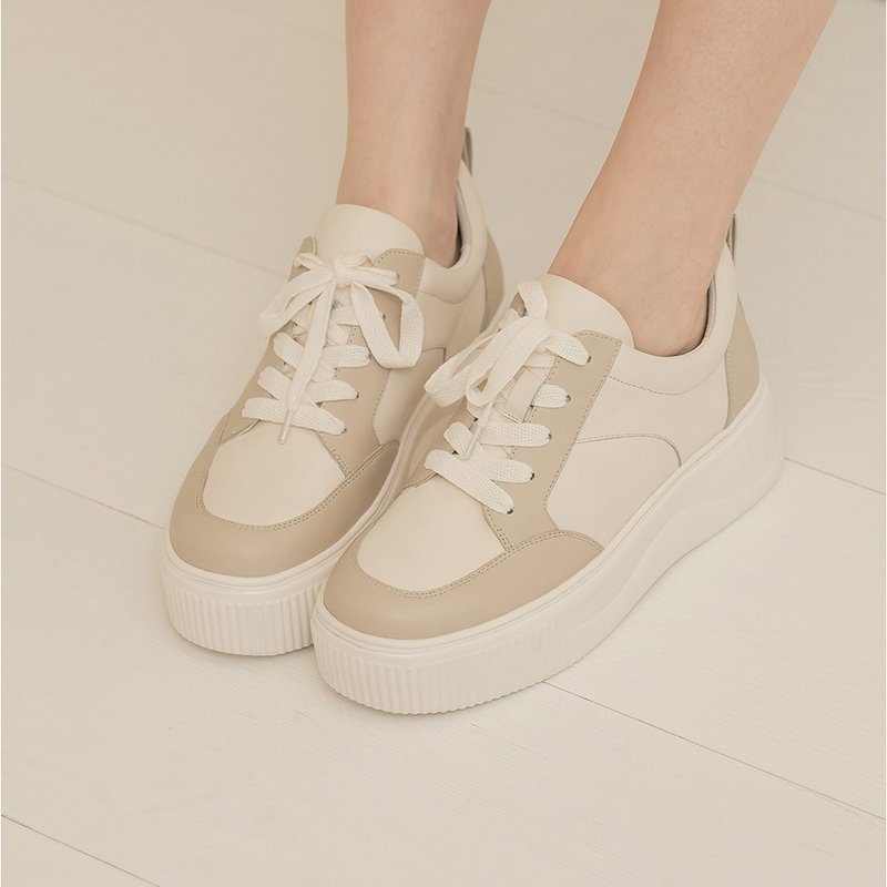 雙色拼接-綁帶厚底鞋-白色 - 女休閒鞋/帆布鞋 - 真皮 卡其色