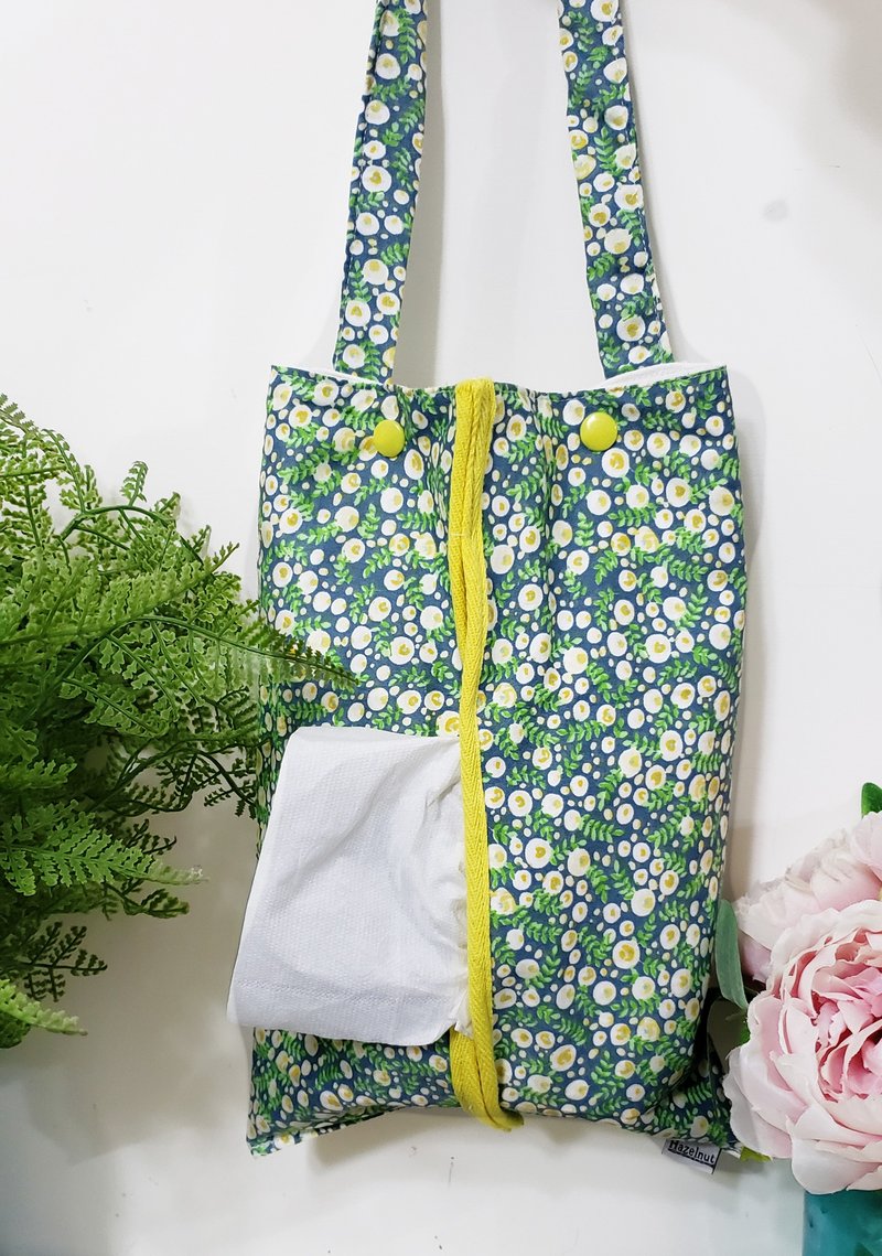 Nordic green and yellow floral pattern sling removable tissue bag with hanging cloth tissue cover - กล่องทิชชู่ - ผ้าฝ้าย/ผ้าลินิน 