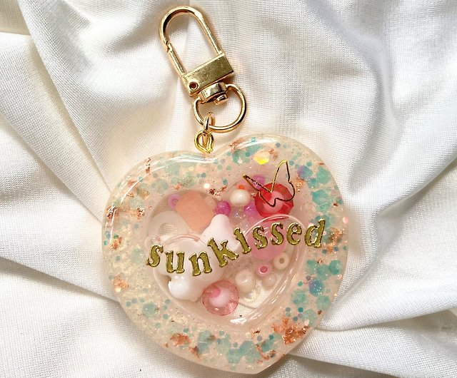 Pink Glitter Resin Heart Key Chain Sequins Filled Keychain with Pearl Charm  for