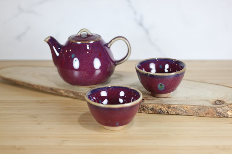 【聖誕禮盒】海棠紅 鈞釉茶具組 一壺兩杯 鶯歌名家葉敏祥作 - 茶壺/茶杯/茶具 - 瓷 
