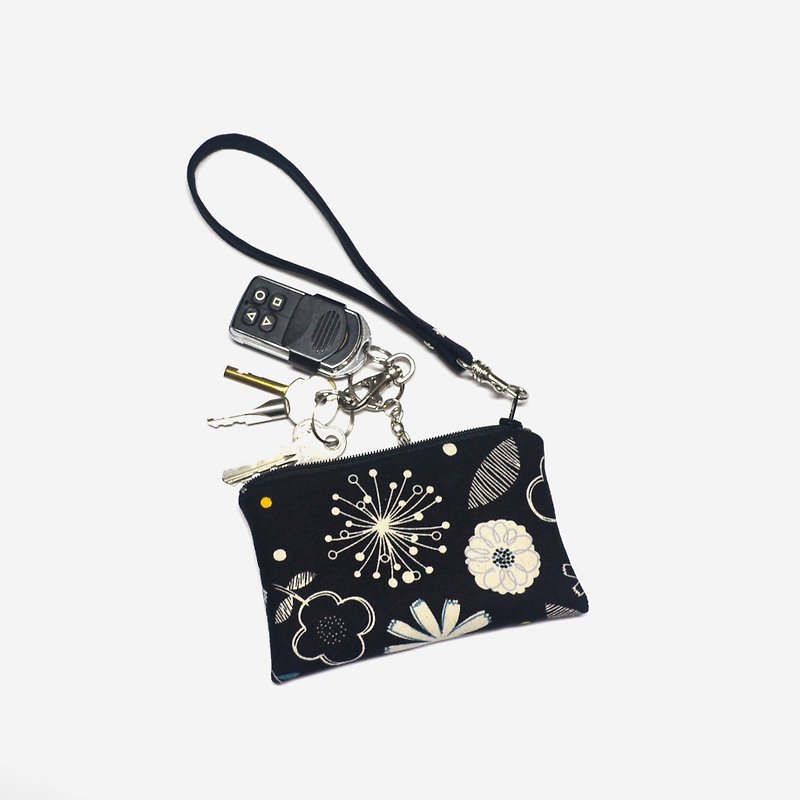 Flowers Zipper Key Chain Wallet • Coin Wallet • ID Wallet • Key Ring • Card Hold - Keychains - Cotton & Hemp Black