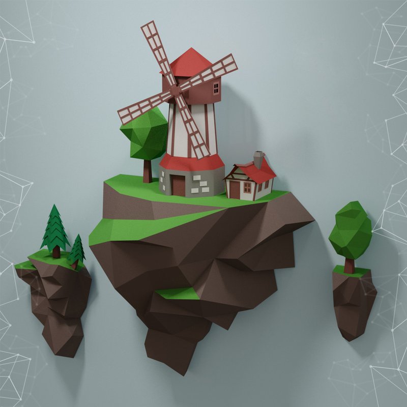 Papercraft Flying Island. Mill, Pdf, Gurko, Pepakura, Template, 3D Origami - 手工藝教學/工具書 - 其他材質 