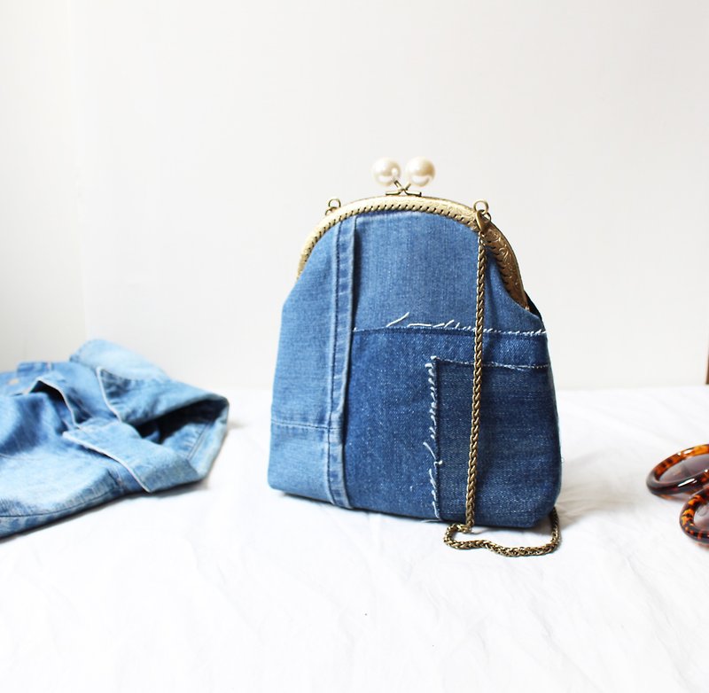 "Limited 1" denim splicing mouth package backpack (16cm mouth) - Messenger Bags & Sling Bags - Cotton & Hemp Blue