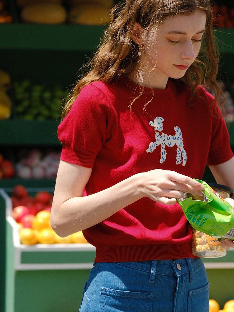 Mintcheese 法式少女手繪貴賓犬棉針織短袖Tee - T 恤 - 棉．麻 紅色