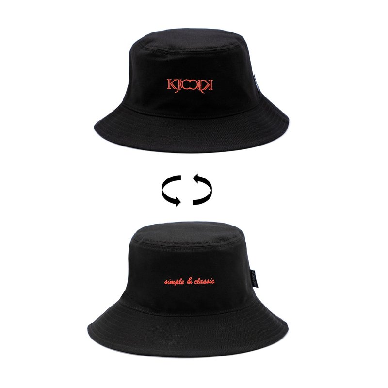 KJCCJK / simple & classic embroidery 2-side Reversible Bucket Hat (Black) - หมวก - ผ้าฝ้าย/ผ้าลินิน สีดำ