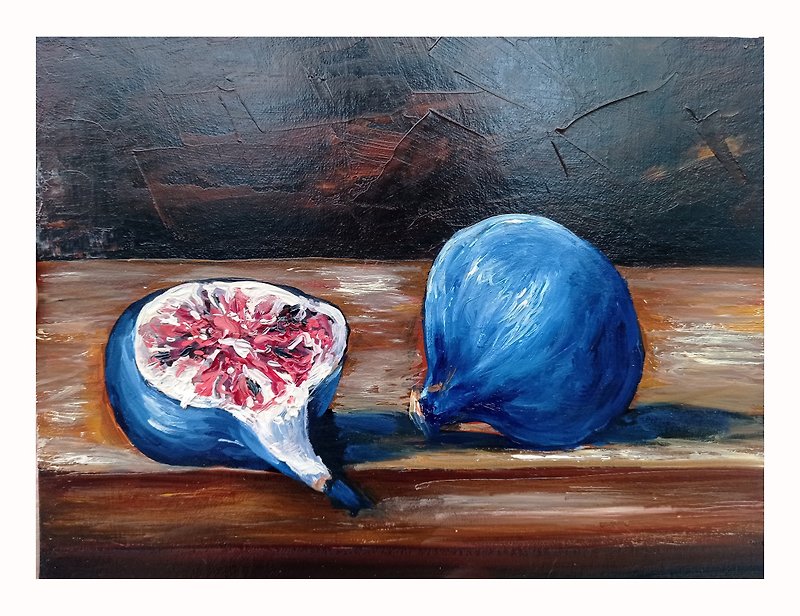 Handmade Oil Painting,Figs Original Wall Art, Fruit Picture,Still Life Painting. - โปสเตอร์ - วัสดุอื่นๆ สีนำ้ตาล