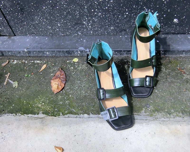 Buckle leather Roman sandals||British top floor sunrise pine flower green|| #8120 - Sandals - Genuine Leather Green