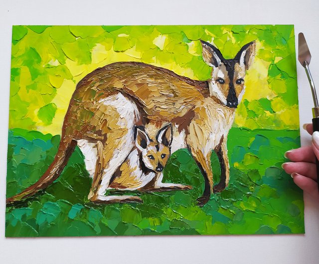 カンガルー絵画カブアートオーストラリア油絵動物インパストオリジナルアート - ショップ Nadinart ウォールデコ・壁紙 - Pinkoi