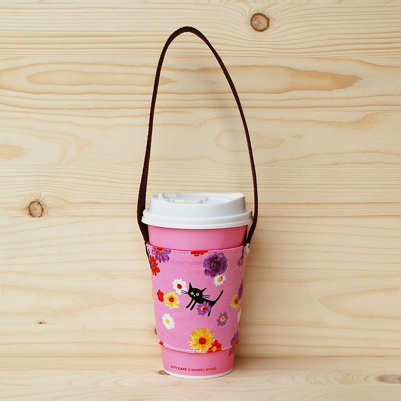 Love Flower Cat Drink Bag/Cup Holder - Beverage Holders & Bags - Cotton & Hemp Pink