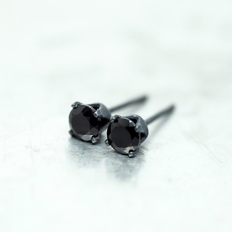 Tiny Black Spinel Earrings - Black Sterling Silver - 4mm Round - Onyx - Earrings & Clip-ons - Other Metals Black