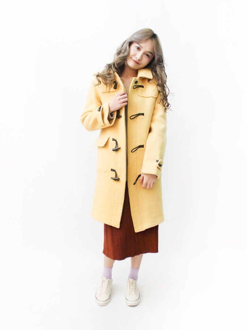 [RE1115C426] autumn and winter college style pattern wool yellow hooded vintage hooded button coat coat - เสื้อแจ็คเก็ต - ขนแกะ สีเหลือง