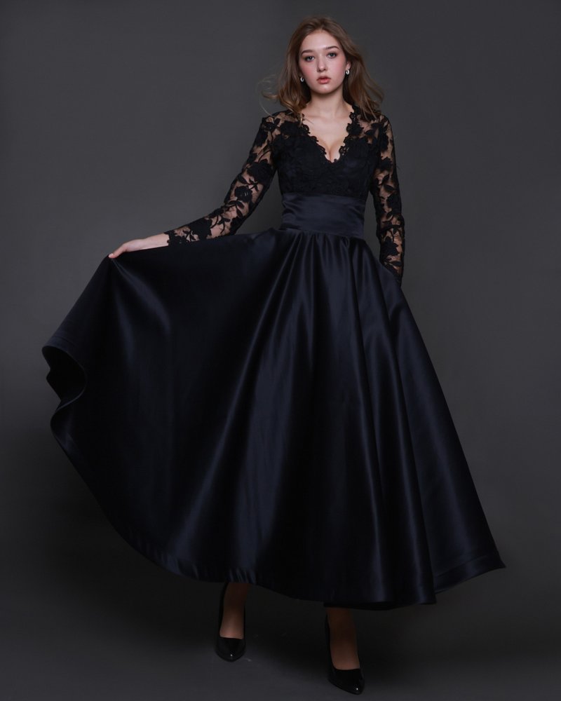 Black Wedding Dress, Evening Dress, Lace Wedding Dress, Short Wedding Dress - ชุดราตรี - วัสดุอื่นๆ ขาว