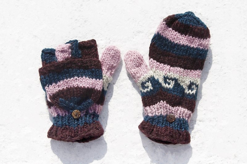 Christmas gift ideas gift exchange gift limited a hand-woven pure wool knit gloves / detachable gloves / bristle gloves / warm gloves (made in nepal) - strawberry chocolate Eastern European wave totem - Gloves & Mittens - Wool Multicolor