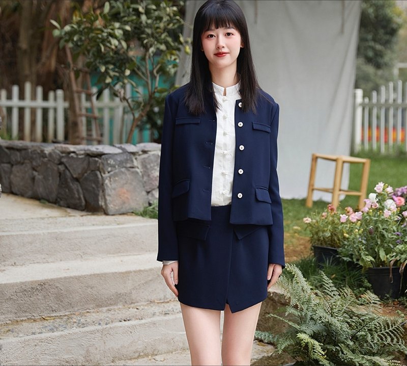 中式復古少女/中山上衣/半裙 - 洋裝/連身裙 - 其他材質 藍色