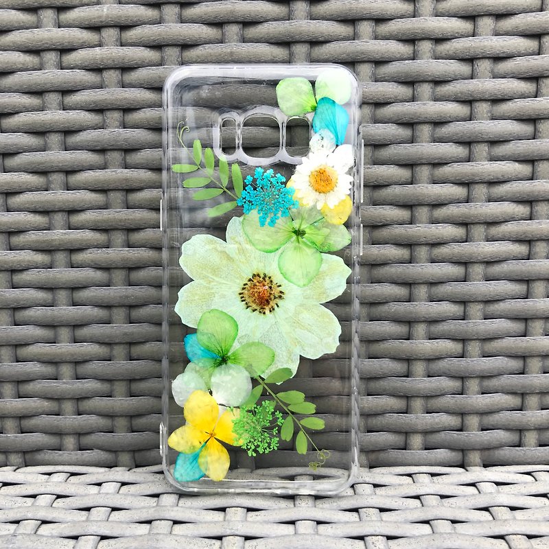 Samsung Galaxy S8 Plus ケース 本物のお花使用 スマホ 青 押し花 005 - スマホケース - 寄せ植え・花 グリーン
