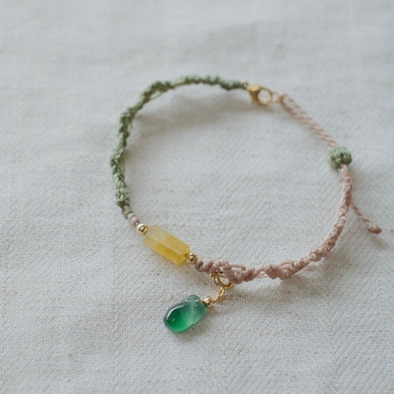 Nian Cui - Natural Burmese Grade A Jade - Ice Honey Passepartout + Ice Green Small Leaf Wax Thread Braided Bracelet - Bracelets - Jade Orange