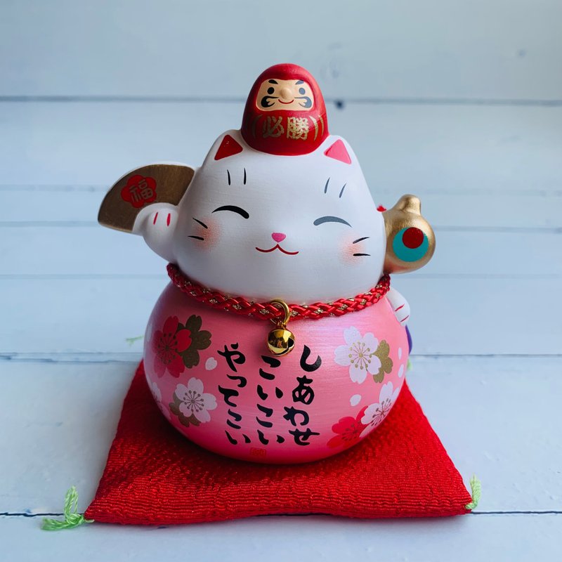 Cai Yao Bi Victory Bodhidharma and Lucky Cat-Happiness/Blessing/Pink Cherry Blossom/Fan/Fortune Mallet-Small-Japanese Mascot - ของวางตกแต่ง - ดินเผา 