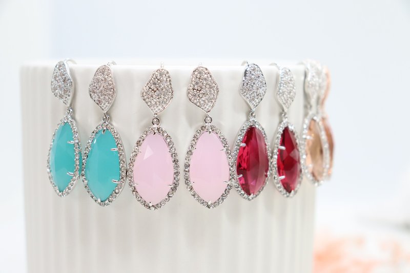 Large Glass Crystal Cubic Zirconia Earrings Unique Designer Wedding Jewellery - 耳環/耳夾/耳骨夾 - 水晶 