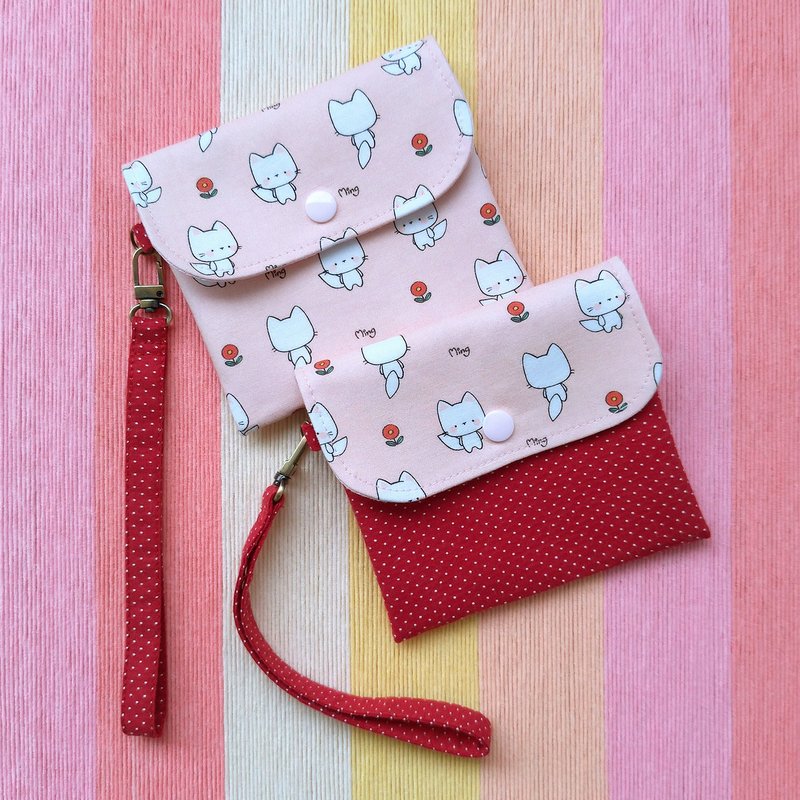 Double layer storage bag-little white cat style (with wrist strap) 1 cotton storage bag/mask storage bag - Toiletry Bags & Pouches - Cotton & Hemp Multicolor