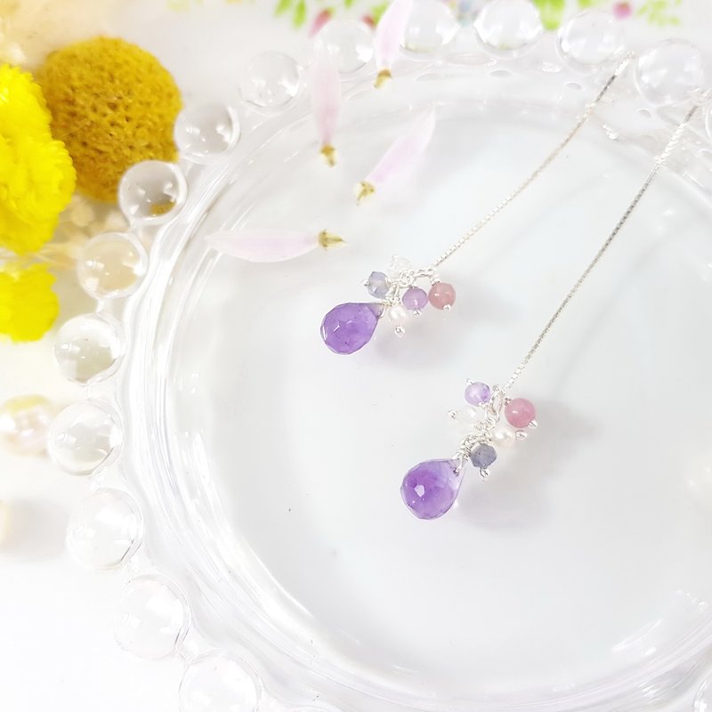 Elegant Chick Series-Iris Amethyst Sterling Silver Ear Chain Amethyst February Birthstone - Earrings & Clip-ons - Gemstone Purple