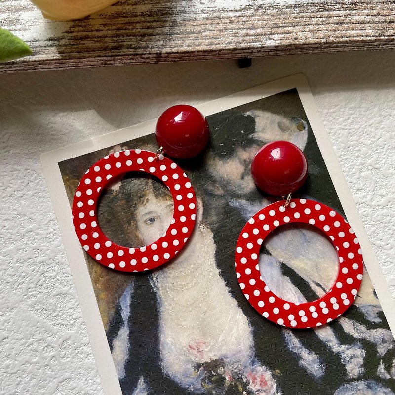 Retro Polka Dot | Playful Girl Red Polka Dot Big Circle Retro Earrings - Earrings & Clip-ons - Resin 