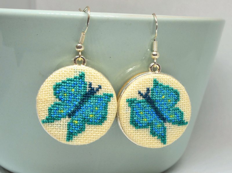 蝴蝶綠松石刺繡耳環十字繡自然首飾 - 耳環/耳夾/耳骨夾 - 繡線 藍色