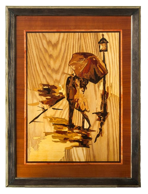 Woodins Lovestory city landscape home decor boho style marquetry inlay framed love