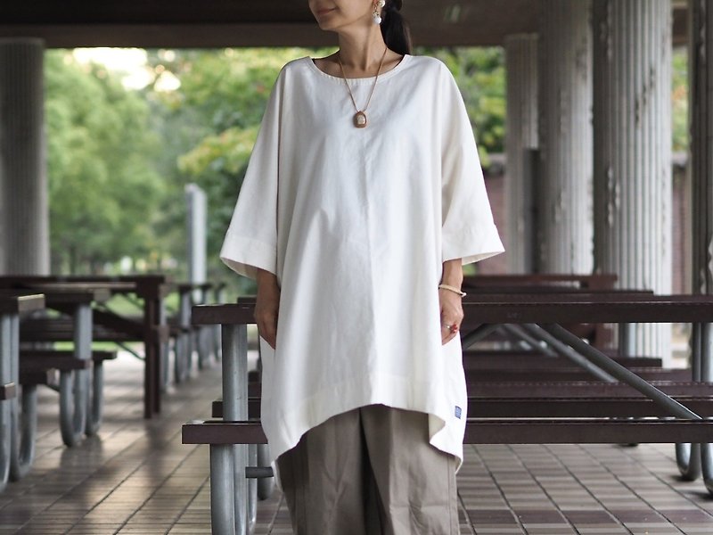 Fluffy brushed cotton, tunic shirt/off white - One Piece Dresses - Cotton & Hemp White