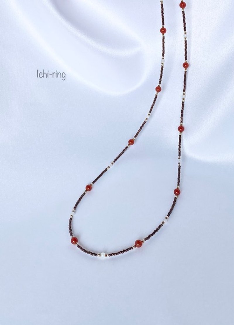 Carnelian x Moonstone Natural Stone and Bead Long Necklace - Necklaces - Gemstone Red