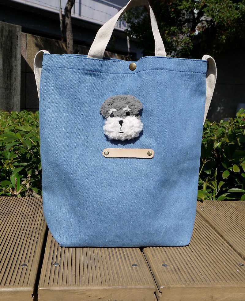 Handmade Daning 2WAY canvas bag Schnauzer - Handbags & Totes - Cotton & Hemp Gray