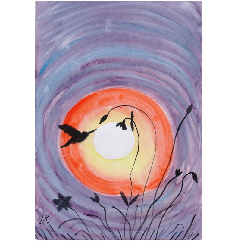 Original Painting Hummingbird Art Bird Silhouette Artwork Sunset Small Art - ตกแต่งผนัง - กระดาษ หลากหลายสี