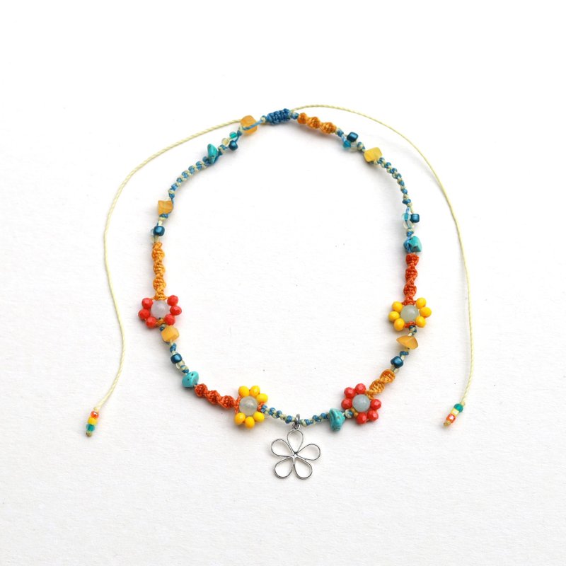 Colorful yellow orange flower woven waxed cord choker necklace - สร้อยคอ - งานปัก หลากหลายสี