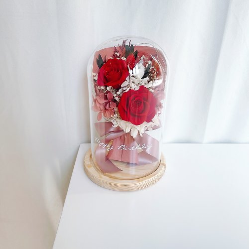 WEIWEI FLOWER 威威花藝設計 畢業禮物/客製化禮物 LED玫瑰花束永生花鐘罩 -寶石紅-包裝2