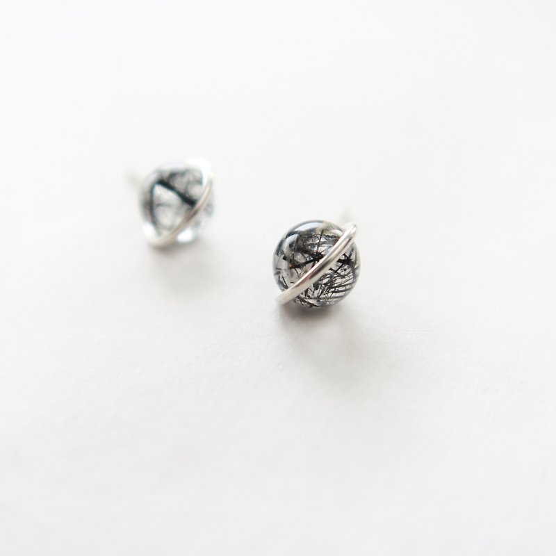 925純銀 銀河圈-黑髮晶 耳環 一對 - 耳環/耳夾 - 純銀 黑色