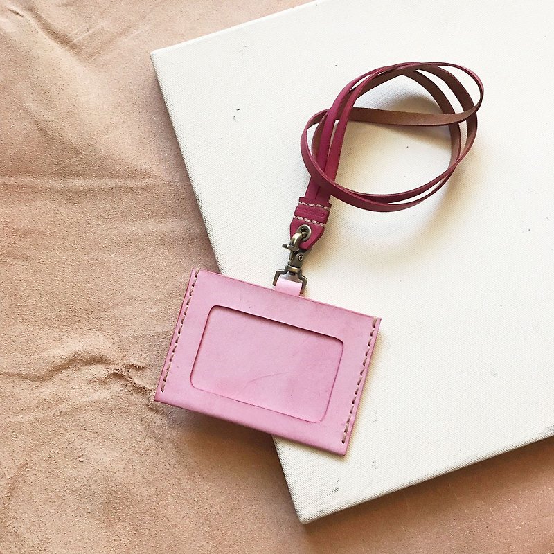 Identification card set │ horizontal │ double card layer │ waxy cherry powder - ID & Badge Holders - Genuine Leather Pink