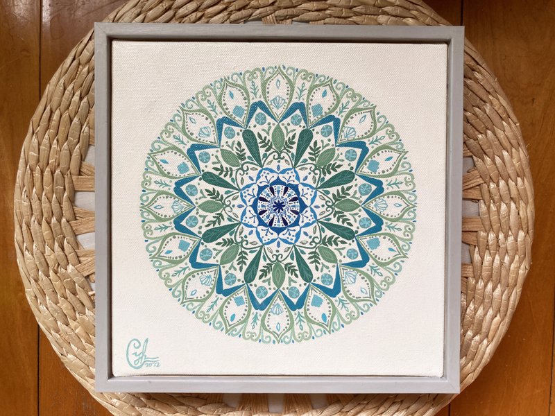 Original Mandala painting Soul Seed 3 with gray selected frame 20x20 cm - โปสเตอร์ - ผ้าฝ้าย/ผ้าลินิน สีนำ้ตาล