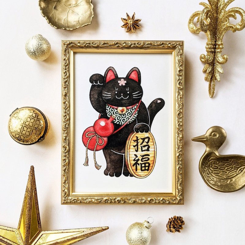 5×7 Black Lucky Cat Art print - โปสเตอร์ - กระดาษ สีดำ