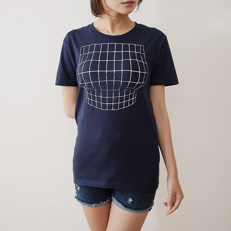 Mousou Mapping T-shirt/ Illusion grid/ Night blue - เสื้อยืดผู้หญิง - ผ้าฝ้าย/ผ้าลินิน สีน้ำเงิน