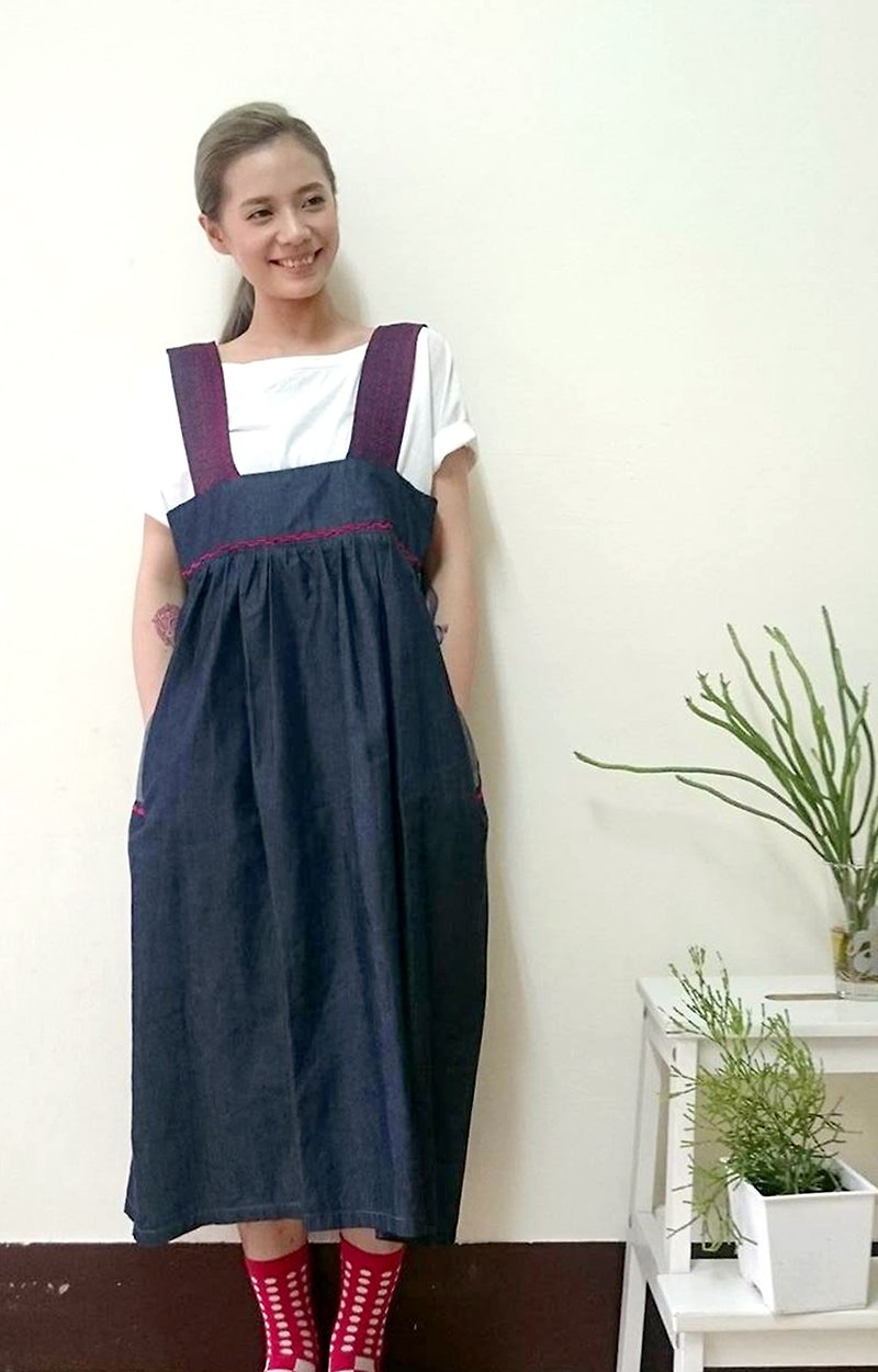 One-piece embroidered broadband vest dress (combed cotton tannin series) - One Piece Dresses - Cotton & Hemp Blue
