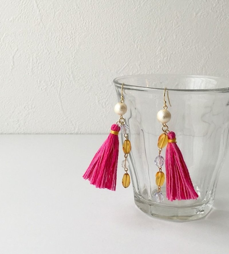 Shimmers tassel earrings & earrings "Pink & Pink Mix" - ต่างหู - ผ้าฝ้าย/ผ้าลินิน สึชมพู