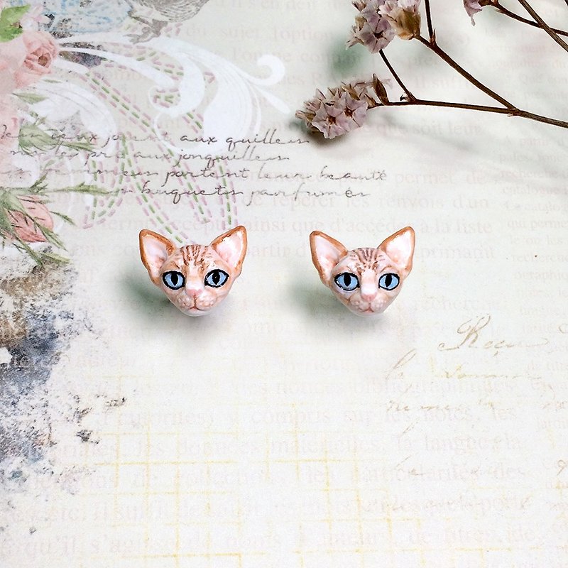 Sphynx cat earrings, Cat stud earrings, tiny cat earrings, cat lover gifts - 耳環/耳夾 - 黏土 咖啡色