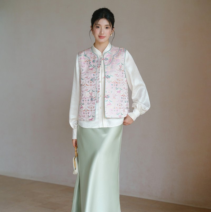 【福祿】新中式復古中國風 提花對襟盤扣背心/上衣/半裙 - 背心/無袖上衣 - 其他材質 綠色