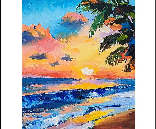 ヤシの木の油絵、夕日、小さなアート、海のアートワーク、ハワイの絵画 