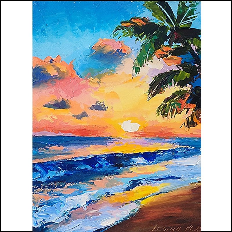 ヤシの木の油絵、夕日、小さなアート、海のアートワーク、ハワイの絵画、ヤシのアート - ウォールデコ・壁紙 - その他の素材 オレンジ