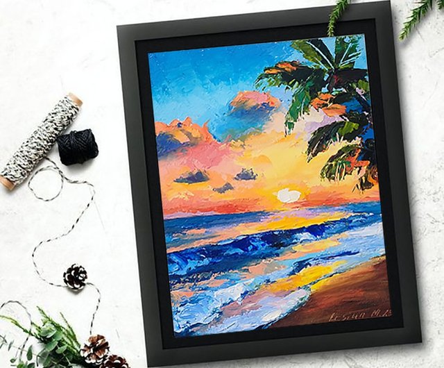 油絵　アート　ハワイ　サンセット　海の絵 海の絵 ヤシの木 サンセットビーチ A W150×H50cm 絵画 (1179-1