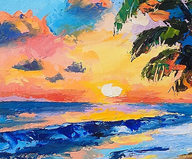 ヤシの木の油絵、夕日、小さなアート、海のアートワーク、ハワイの絵画 