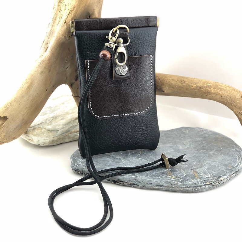 ➜ Splicing shrapnel multi-function phone bag. ➜ --- phone case / headphone / card / travel card / glasses bag / storage / passport / diagonal back phone bag / neck phone bag - เคส/ซองมือถือ - หนังแท้ สีดำ